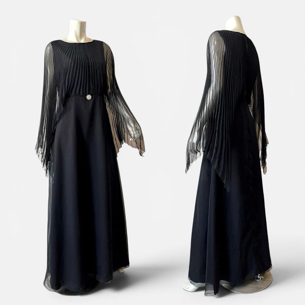 Vintage 70s Jane Milano Black Maxi Dress Medium Pleated Chiffon Ang Sleeves